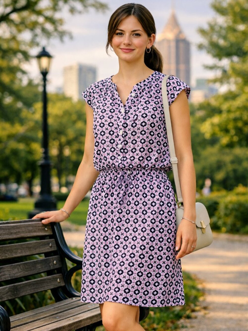LOFT Navy Lilac & White Geometric Elasticized at Waist Sleeveless Dress Size M